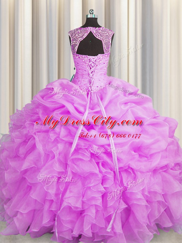 High End Pick Ups Floor Length Lilac Vestidos de Quinceanera Scoop Sleeveless Lace Up