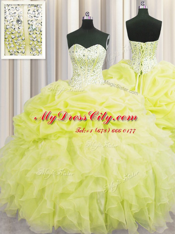 Dynamic Visible Boning Beading and Ruffles Vestidos de Quinceanera Yellow Lace Up Sleeveless Floor Length