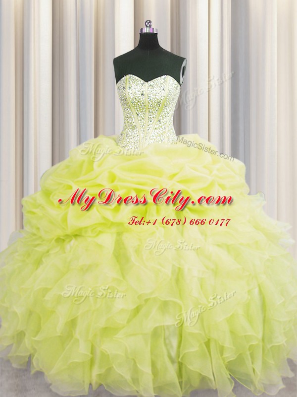 Dynamic Visible Boning Beading and Ruffles Vestidos de Quinceanera Yellow Lace Up Sleeveless Floor Length