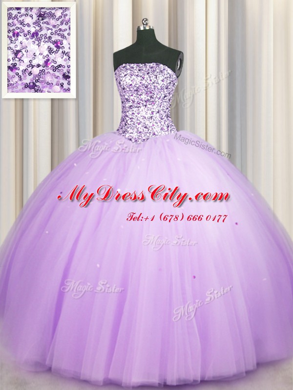 Lovely Really Puffy Lavender Strapless Neckline Beading and Sequins Quinceanera Dresses Sleeveless Lace Up