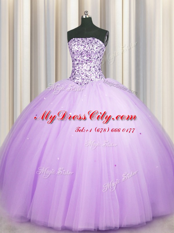 Lovely Really Puffy Lavender Strapless Neckline Beading and Sequins Quinceanera Dresses Sleeveless Lace Up