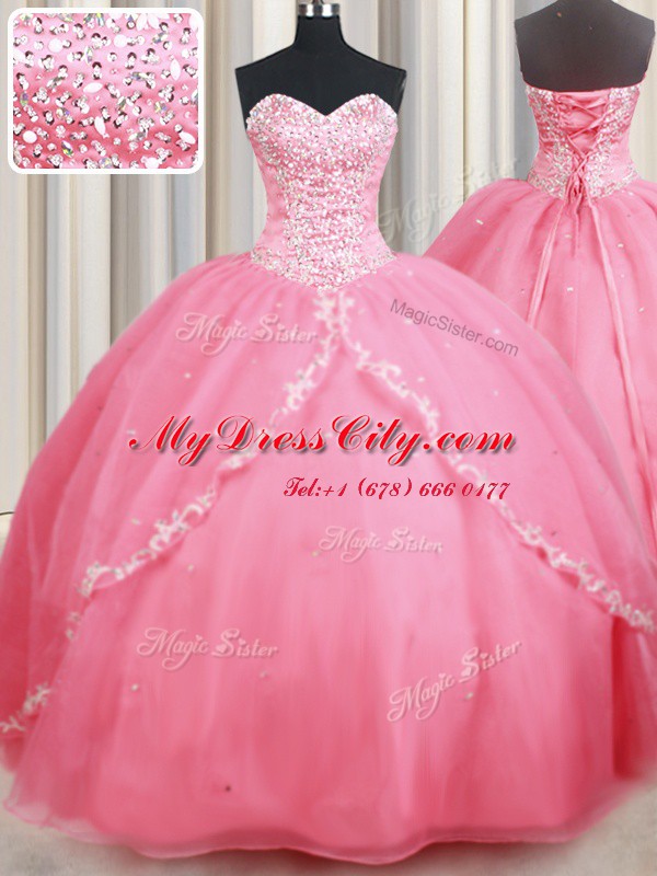 High Quality Sleeveless With Train Beading and Appliques Lace Up Quince Ball Gowns with Watermelon Red Brush Train