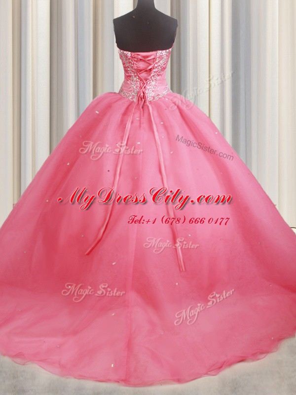 High Quality Sleeveless With Train Beading and Appliques Lace Up Quince Ball Gowns with Watermelon Red Brush Train