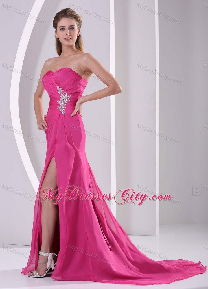 Hot Pink Sweetheart Beading Prom Dress for Women with High Slit