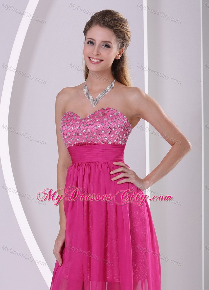 Paillette High Low Sweetheart Hot Pink Back Out Prom Dress