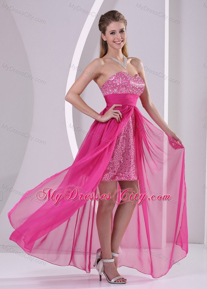 Paillette High Low Sweetheart Hot Pink Back Out Prom Dress