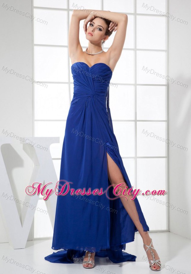 Ruches Sweep Train Blue Prom Dress with Sweetheart Neck