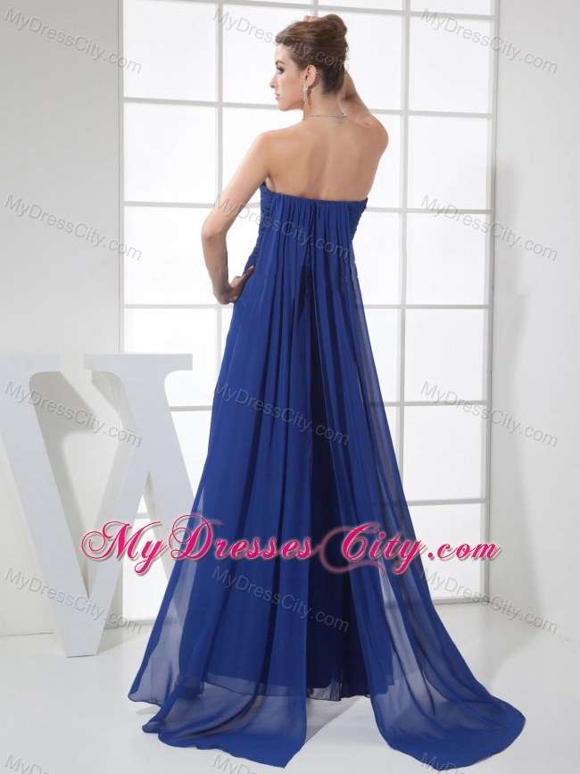 Ruches Sweep Train Blue Prom Dress with Sweetheart Neck