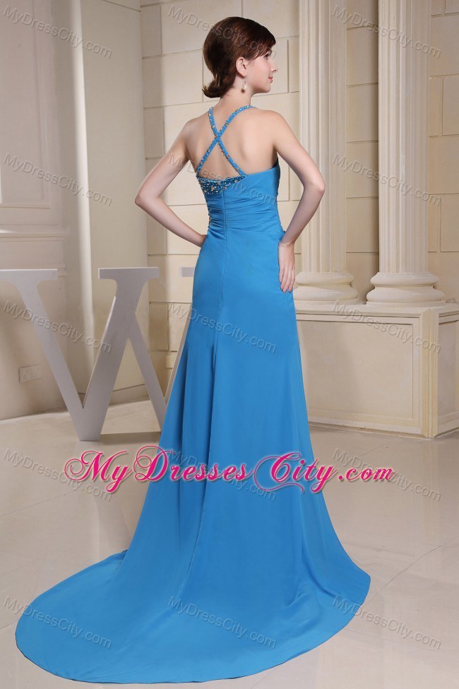 High Slit Prom Dress with Asymmetrical Neckline and Brush Train