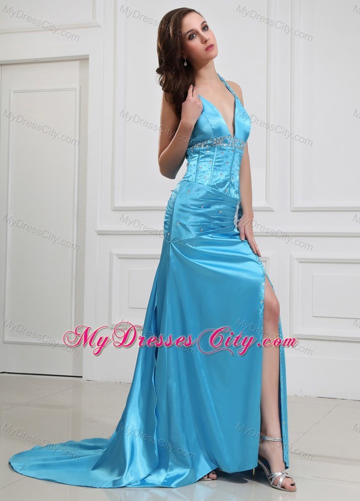 Fitted Halter Side Slits Prom Dress with Sweep Train
