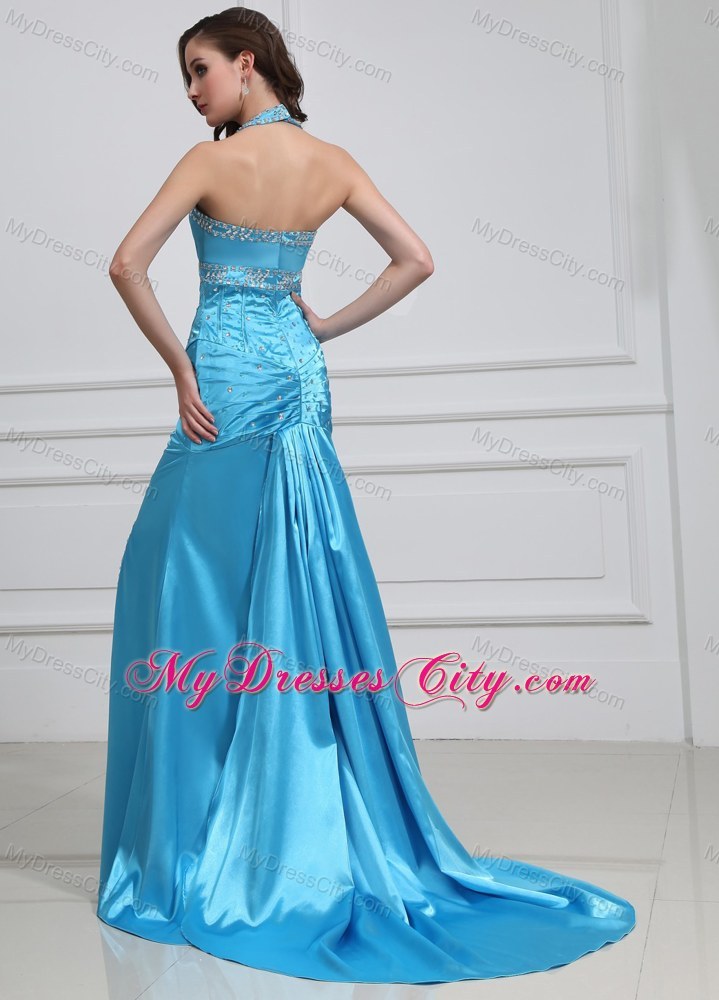 Fitted Halter Side Slits Prom Dress with Sweep Train