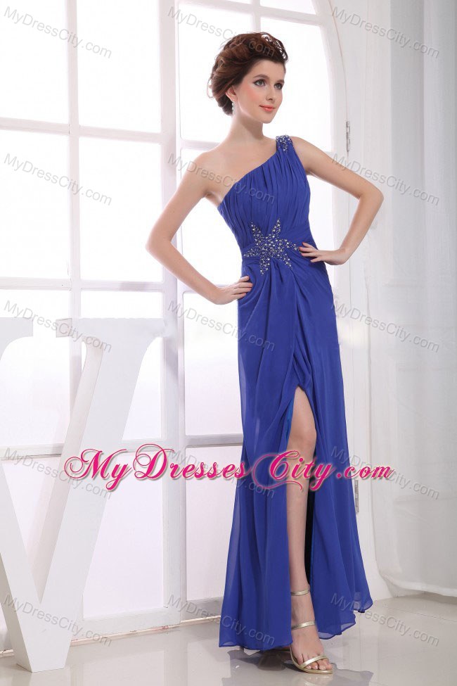 Beading Decorate High Slit One Shoulder Blue Prom Dresses