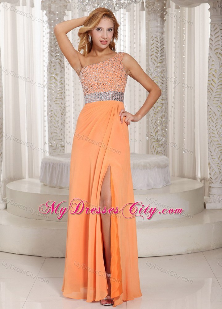 Orange One Shoulder Beaded Prom Gowns with Sider Zipper