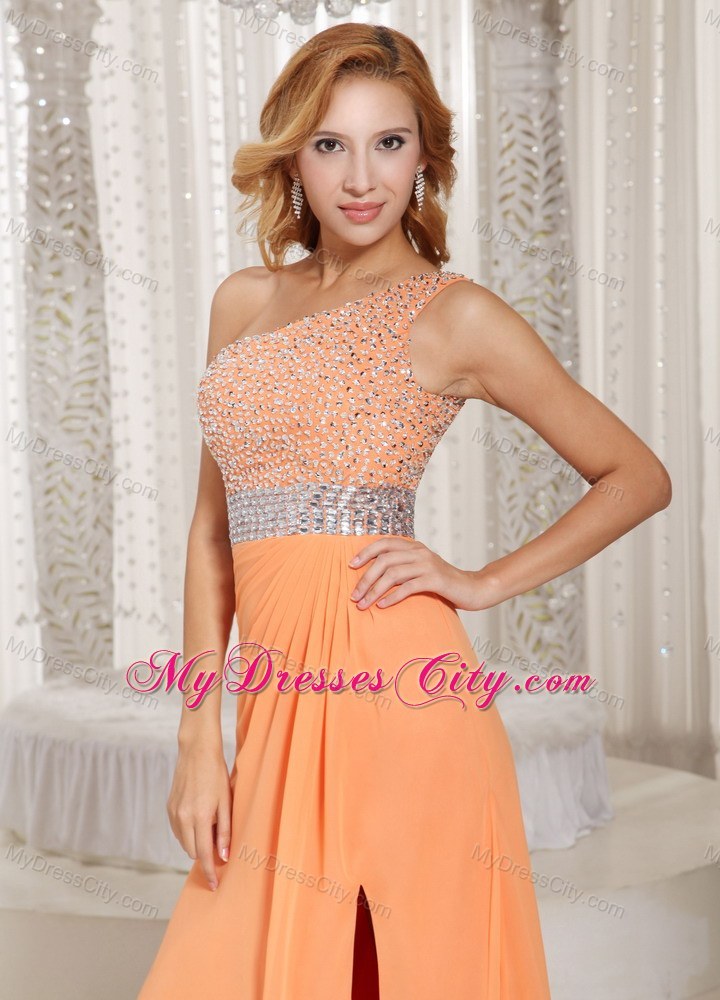 Orange One Shoulder Beaded Prom Gowns with Sider Zipper
