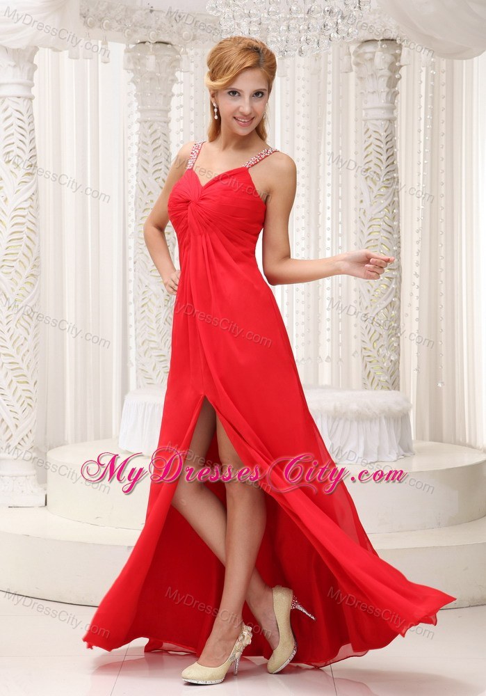 Beaded Straps High Slit Red Prom Evening Dress