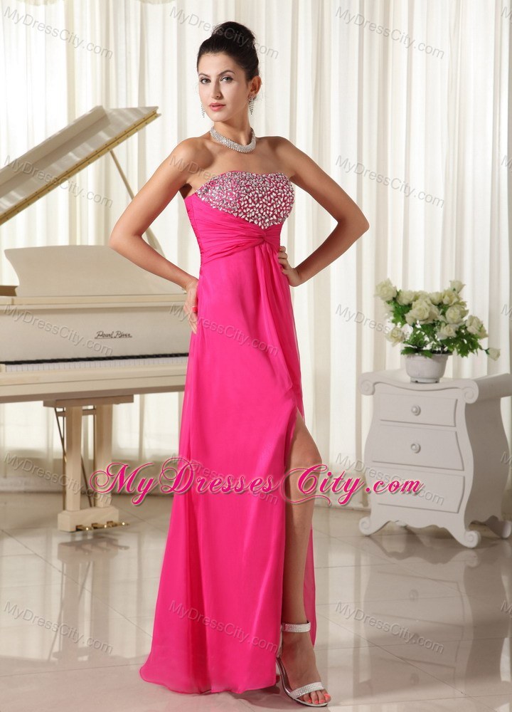 High Slit Strapless Beaded Decorate Bust Hot Pink Prom Dress