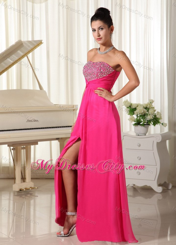 High Slit Strapless Beaded Decorate Bust Hot Pink Prom Dress
