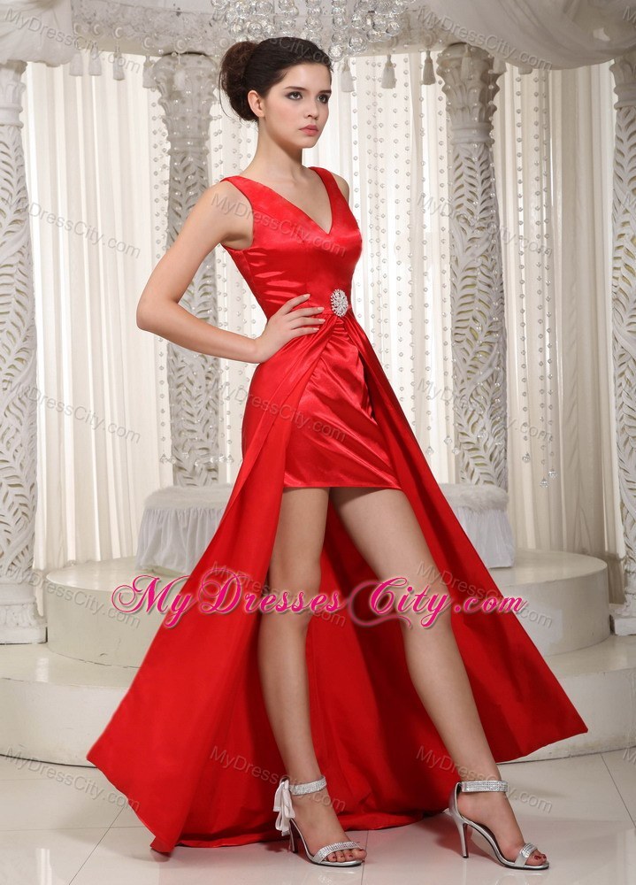 Red V-neck High-low Elastic Wove Satin Beading Prom Dress