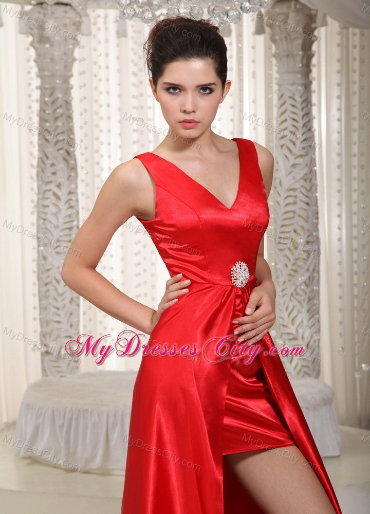 Red V-neck High-low Elastic Wove Satin Beading Prom Dress