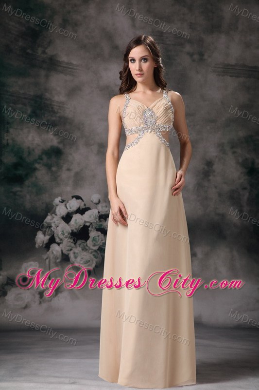 Customized Champagne Column Criss Cross Beaded Prom Dress