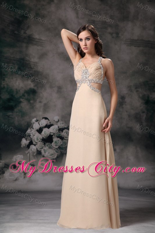 Customized Champagne Column Criss Cross Beaded Prom Dress