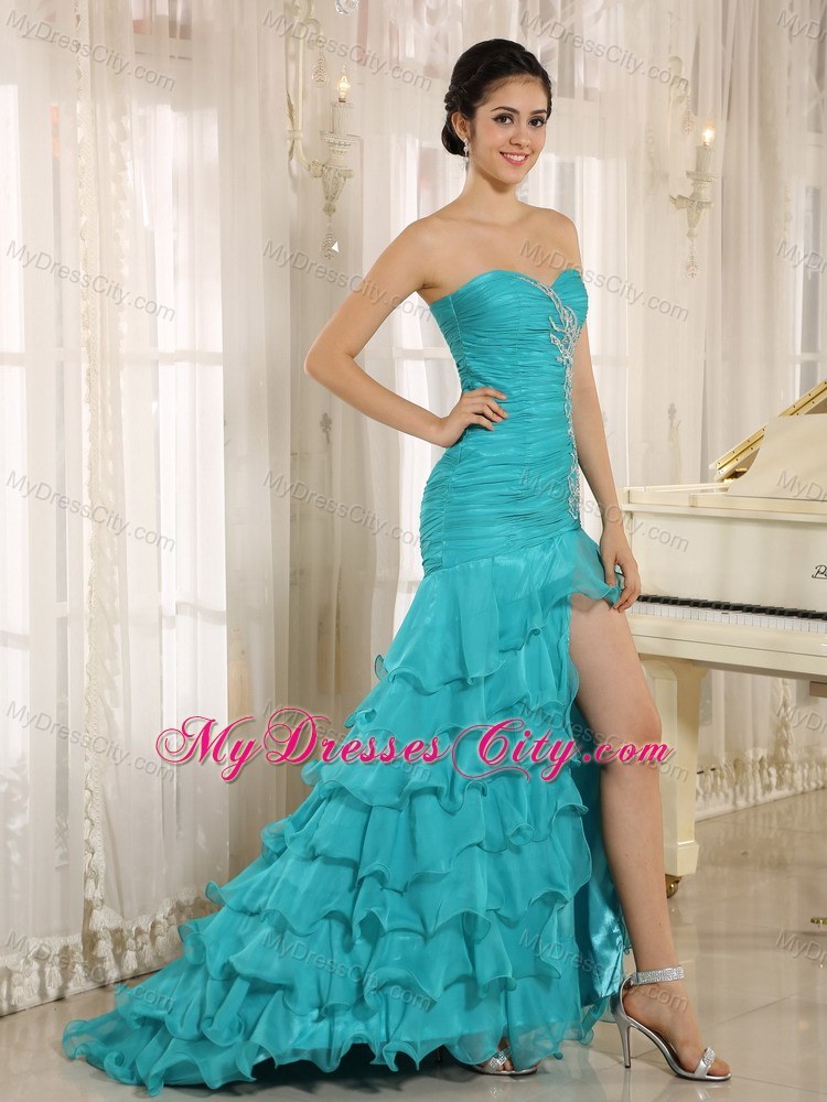 Aqua Blue High Slit Ruched Prom Dresses for Formal Parties