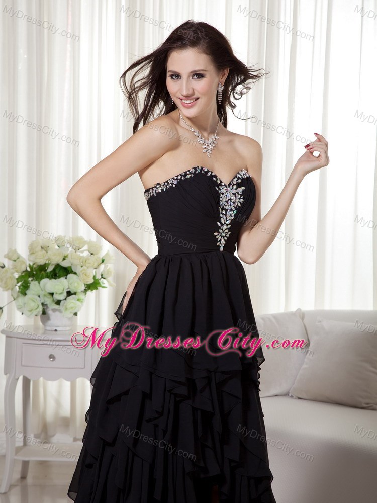 Black High-low Chiffon Beaded Prom Dress with Ruffled Layers
