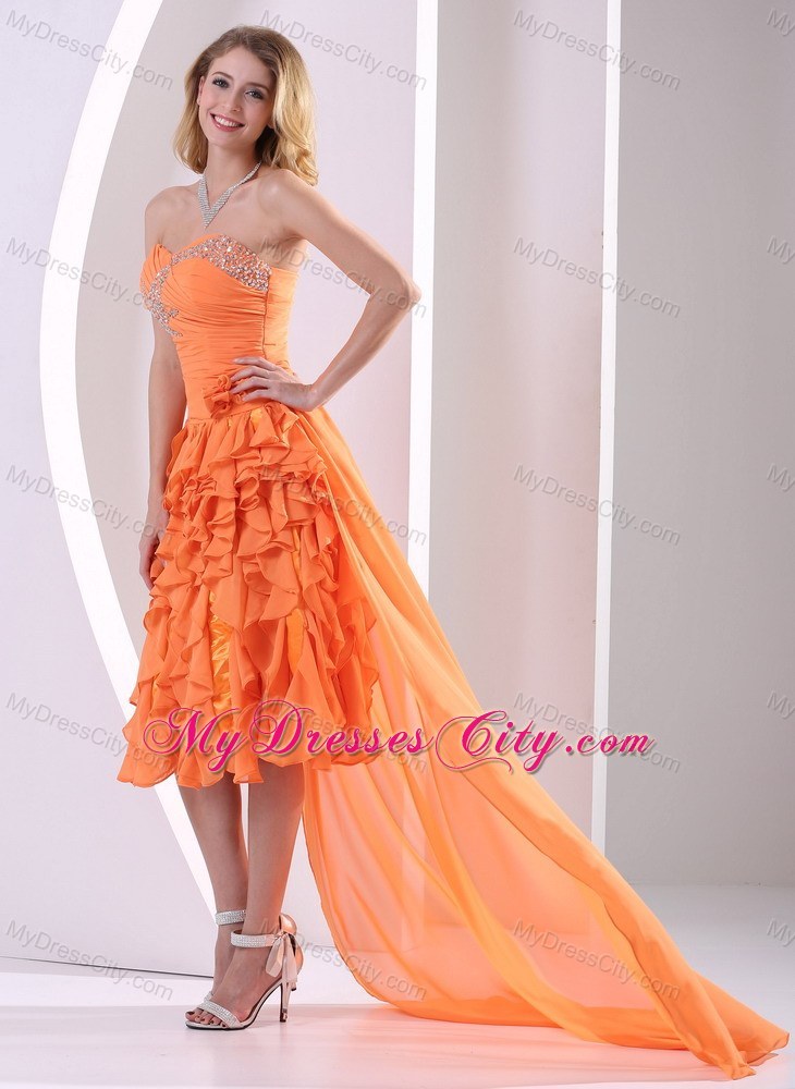 Orange Chiffon Beaded and Ruffled Detachable High-low Prom Dress