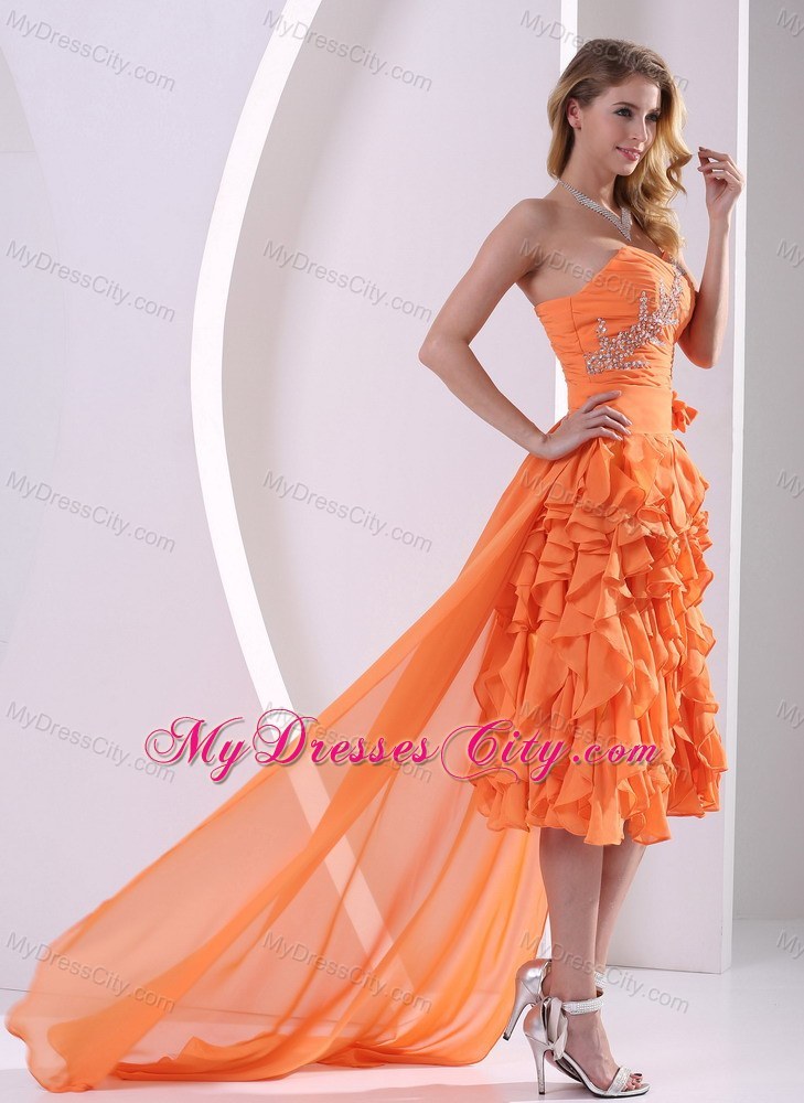 Orange Chiffon Beaded and Ruffled Detachable High-low Prom Dress