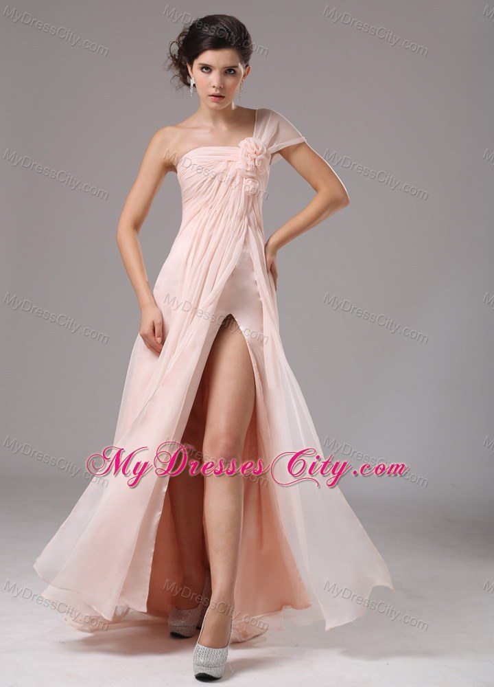 Custom Made Light Pink One Shoulder Hand Made Flowers Prom Dress