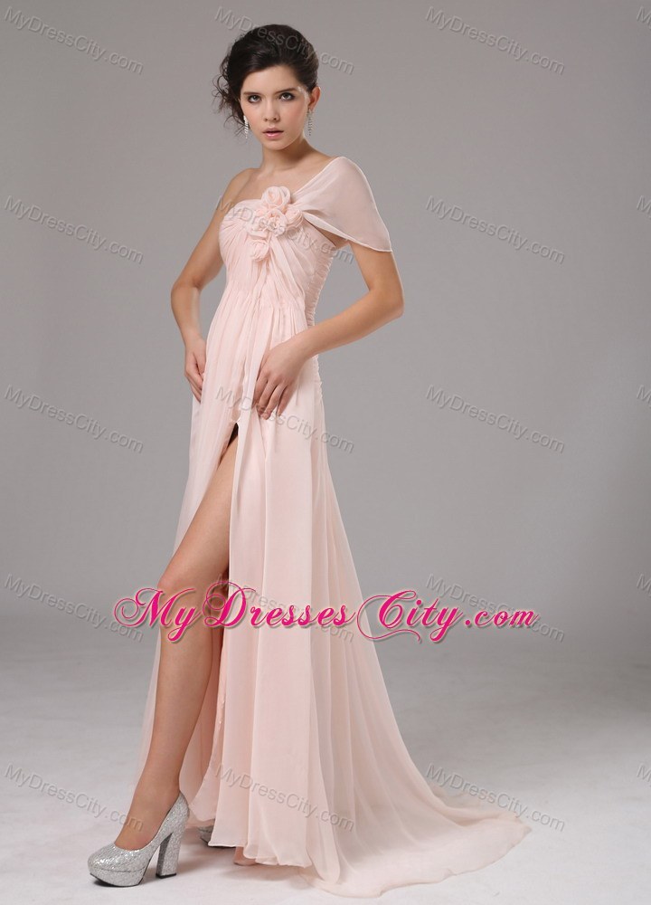 Custom Made Light Pink One Shoulder Hand Made Flowers Prom Dress