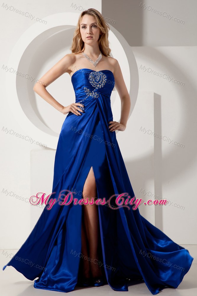 Royal Blue Brush Train Strapless Prom Dress in Elastic Wove Satin