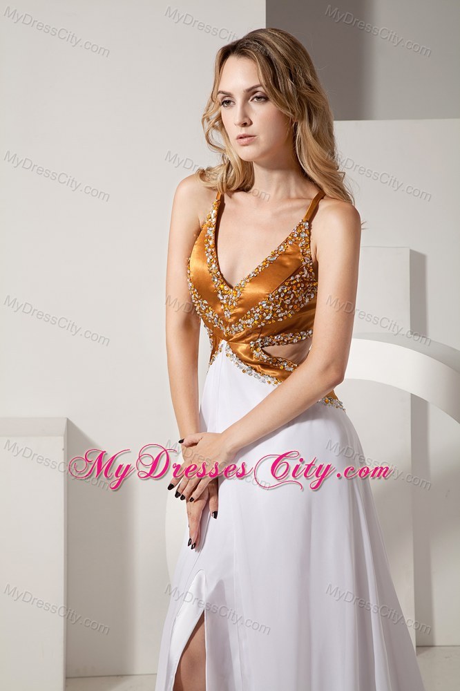 White Brush Train Beaded Prom Dress with Beaded Gold Corset