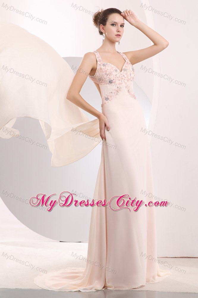 Beautiful Appliques Light Pink Prom Dress with Watteau Train