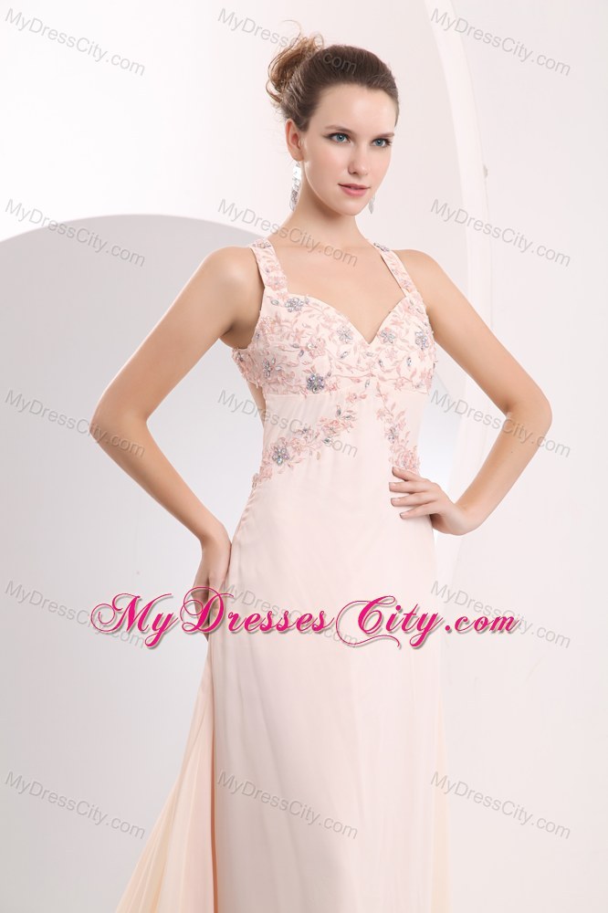 Beautiful Appliques Light Pink Prom Dress with Watteau Train