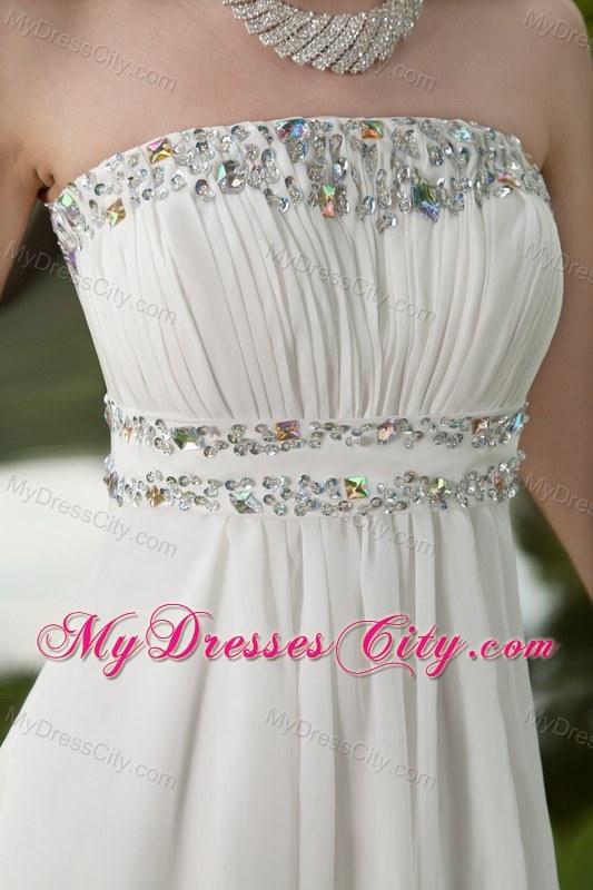 White Strapless Beading Prom Dress with Brush Train