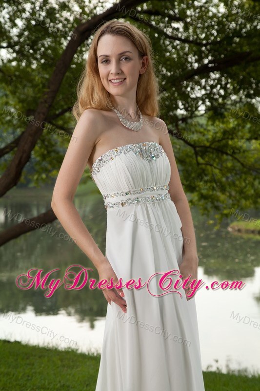 White Strapless Beading Prom Dress with Brush Train