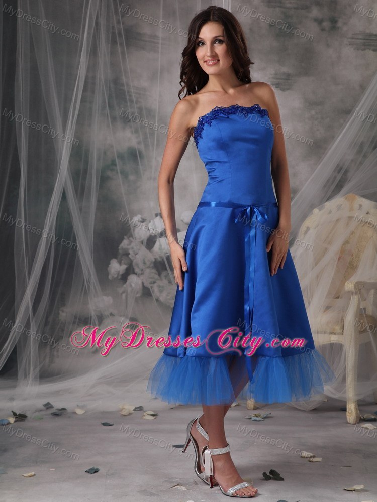 Blue A-Line Strapless Tea-length Homecoming Dress with Ribbon