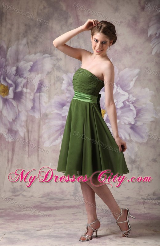 Olive Green Strapless Short Homecoming Dress with Ruches and Sash