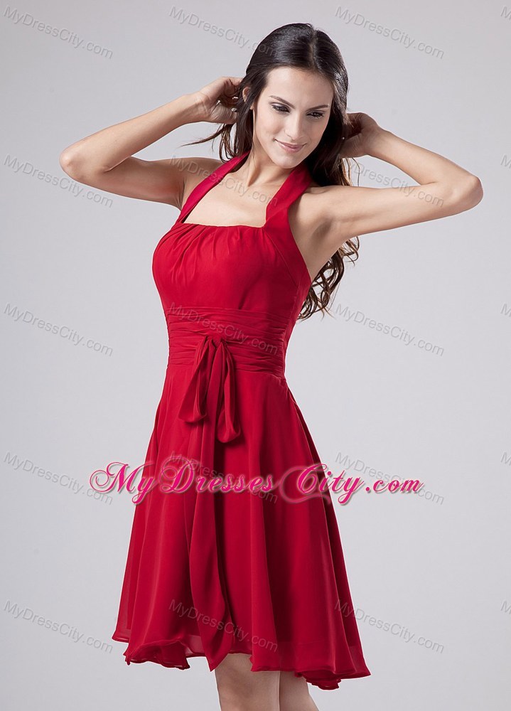 Halter Chiffon Red Ruched Homecoming Dresses with Sash for Party