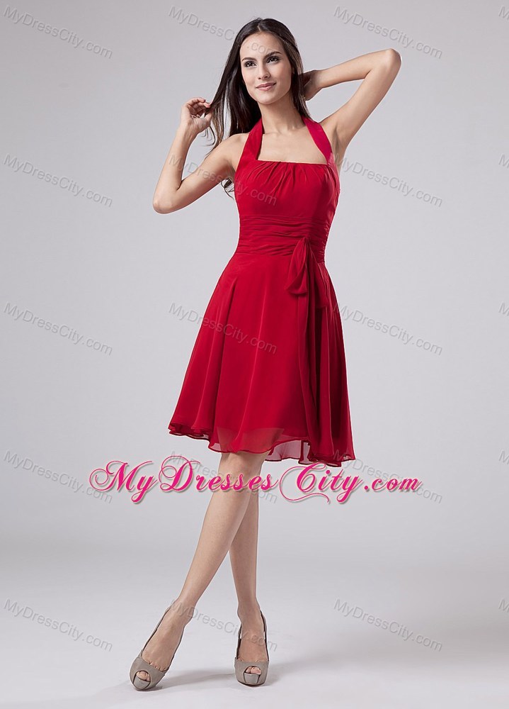 Halter Chiffon Red Ruched Homecoming Dresses with Sash for Party