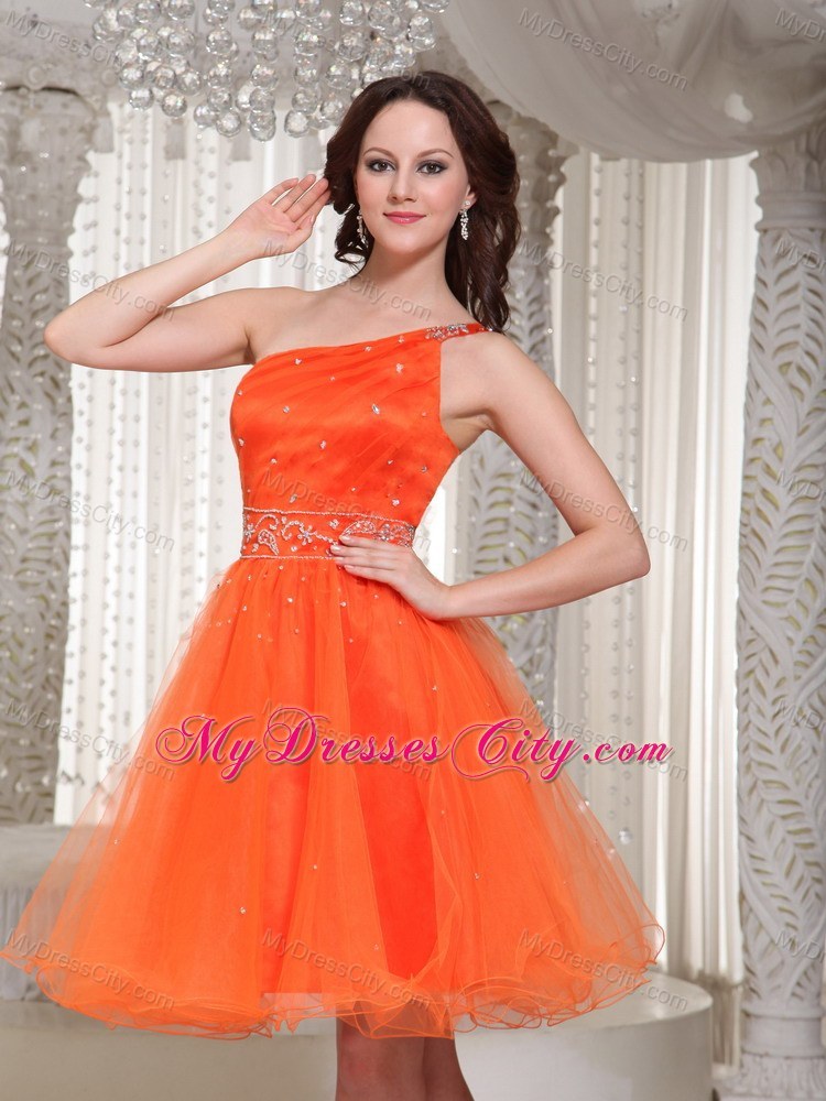 Organza Orange Beaded One Shoulder Short Homecoming Prom Dress