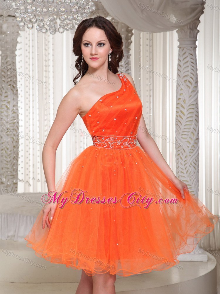 Organza Orange Beaded One Shoulder Short Homecoming Prom Dress