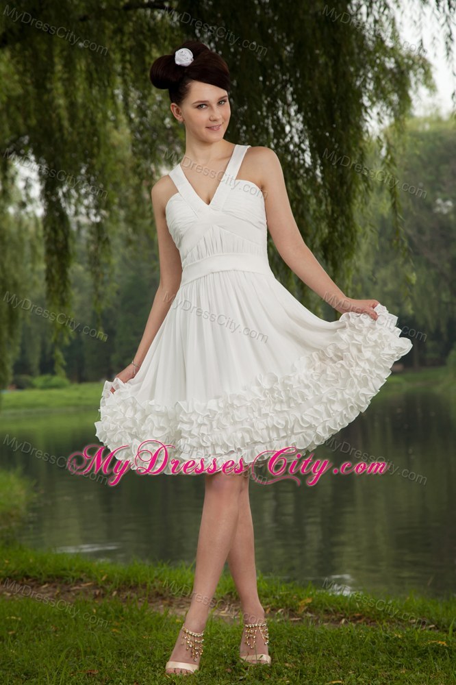 V-neck White Prom Homecoming Dresses Chiffon Ruched Mini-length