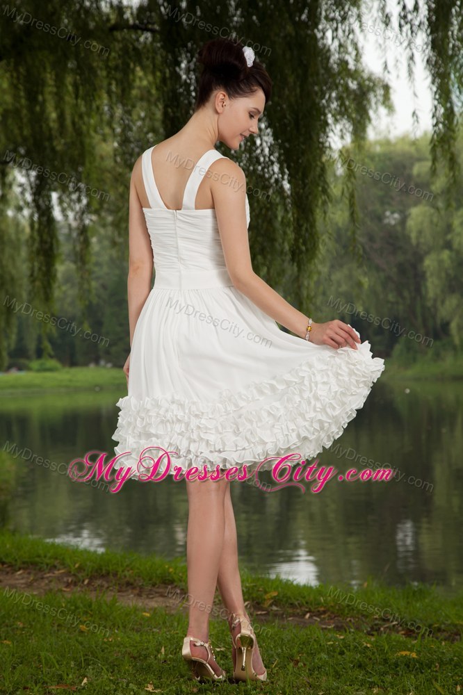 V-neck White Prom Homecoming Dresses Chiffon Ruched Mini-length