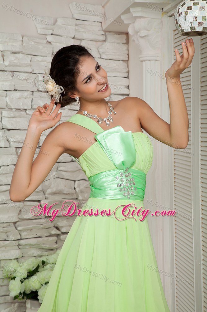 Yellow Green One Shoulder Beaded Sash Prom Homecoming Dress