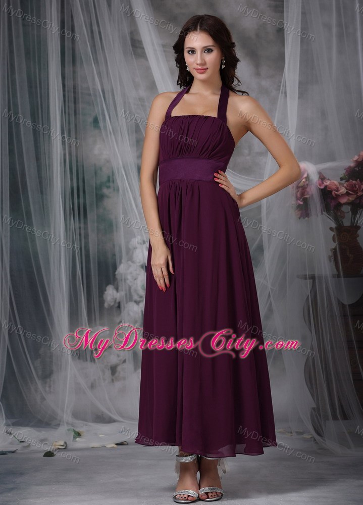 Halter Ankle-length Ruched Burgundy Chiffon Bridesmaid Dress