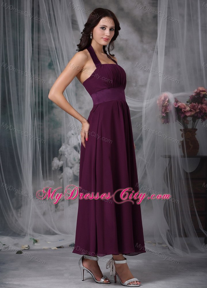 Halter Ankle-length Ruched Burgundy Chiffon Bridesmaid Dress