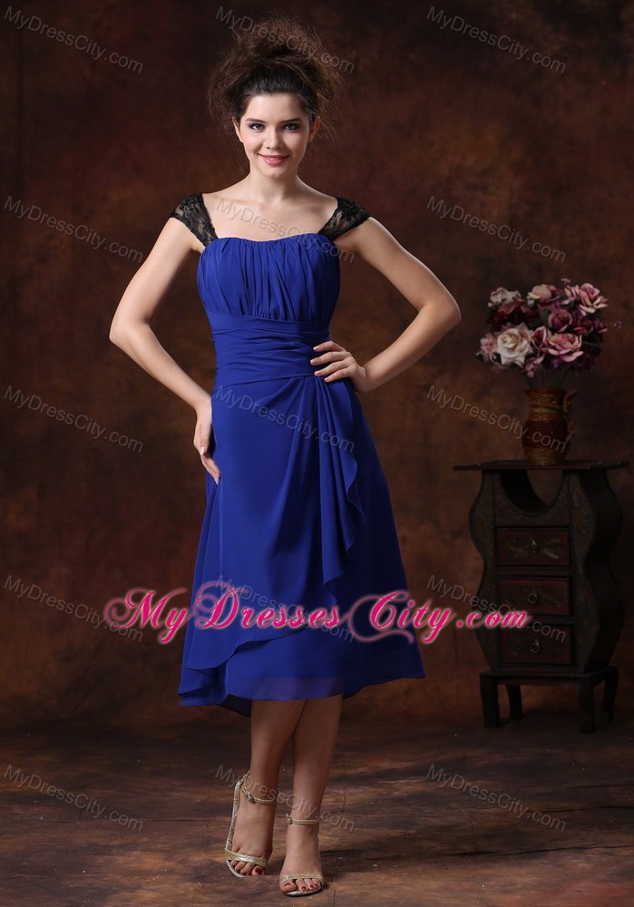 Ruched Straps Chiffon Tea-length Bridesmaids Dresses in Blue