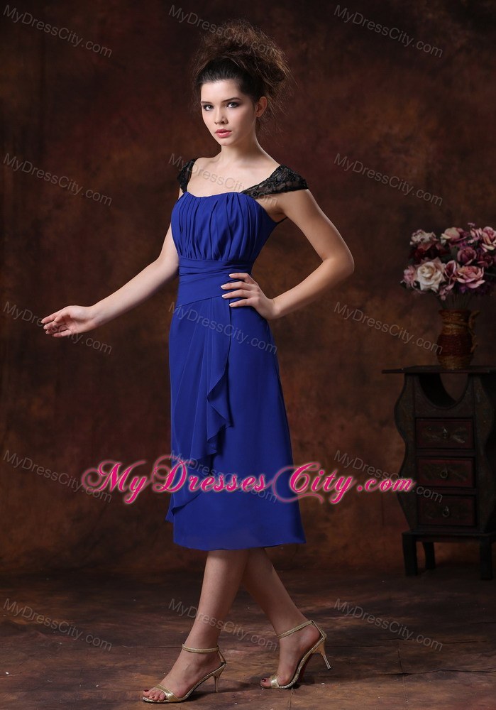 Ruched Straps Chiffon Tea-length Bridesmaids Dresses in Blue